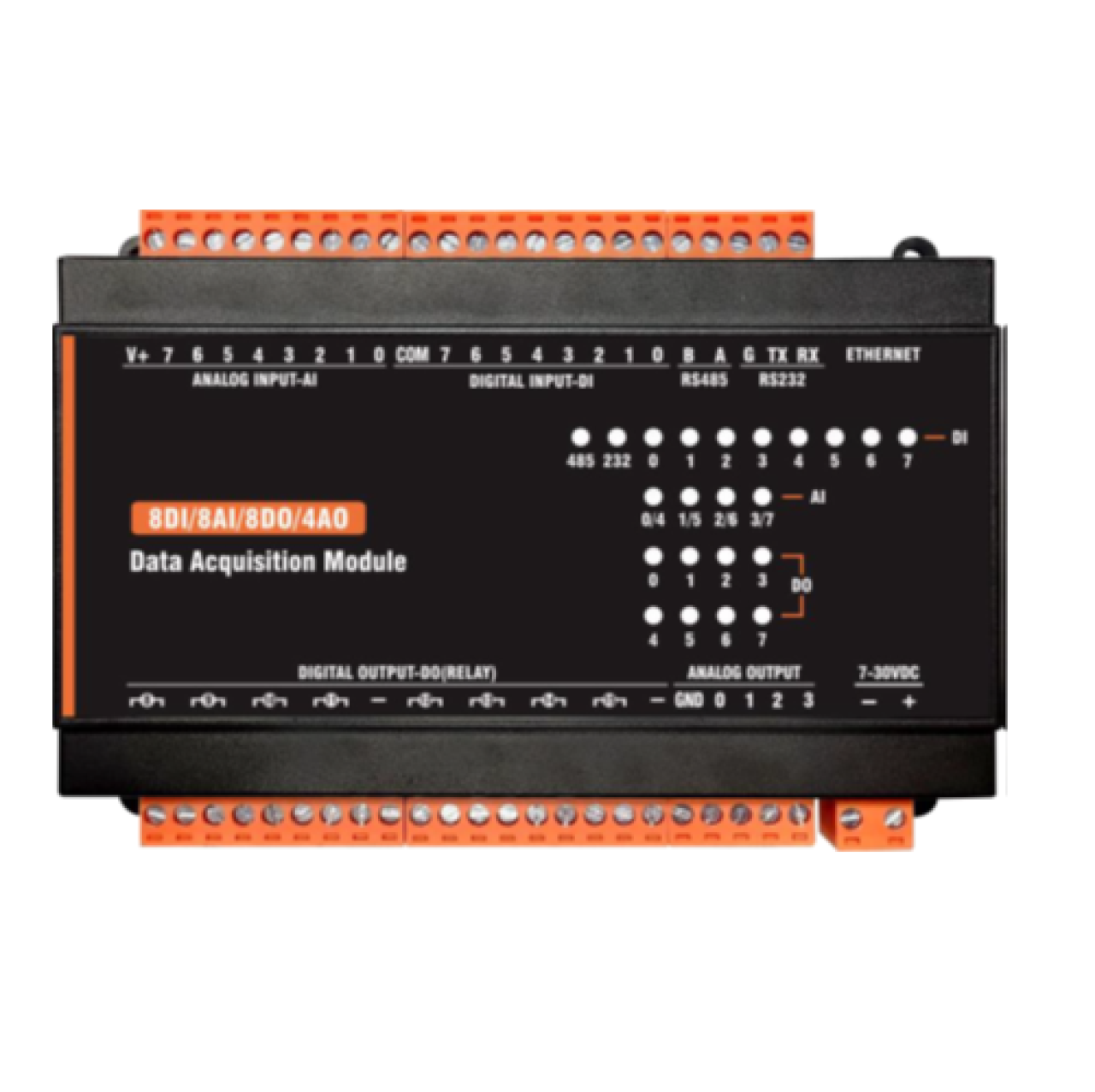 Modulo input-output Modbus RTU e TCP-IP con 4 output a relè da barra DIN